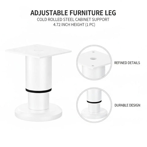 Cold Rolled Steel Adjustable Cabinet Leg For Leveling Base Units On Uneven Floors, 4.72 Inch Support With White Baked-On Finish