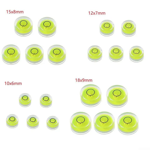 5pcs Round Bubble Levels for Precise for spirit Measurement 5pcs in various sizes: 15x8mm, 12x7mm, 10x6mm, 18x9mm, green liquid.