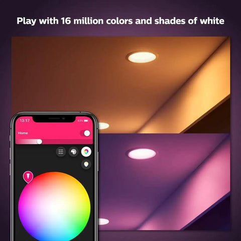 Smart Retrofit Recessed 5 To 6 Inch LED Downlight 1 Pack White And Color Ambiance Color Changing Light with Hue App control shown