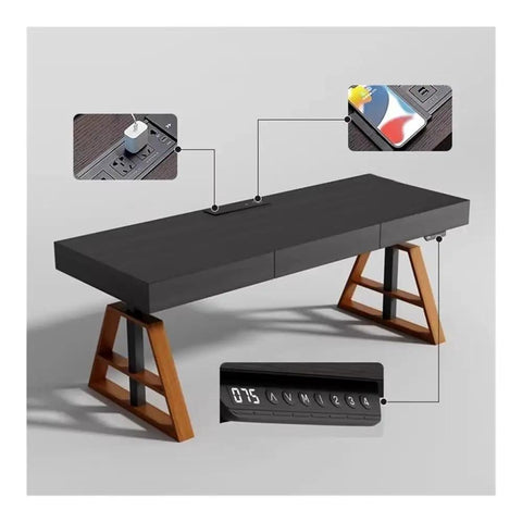 Top Shelf Electric Height Adjustable Standing Desk Featuring Deep Storage Drawers And Snazzy USB Charging Hub Heavy Duty Gaming Rig For A Sleek Home Office Flex Measuring 180 Cm Across For Max Comfort with USB ports and control panel.