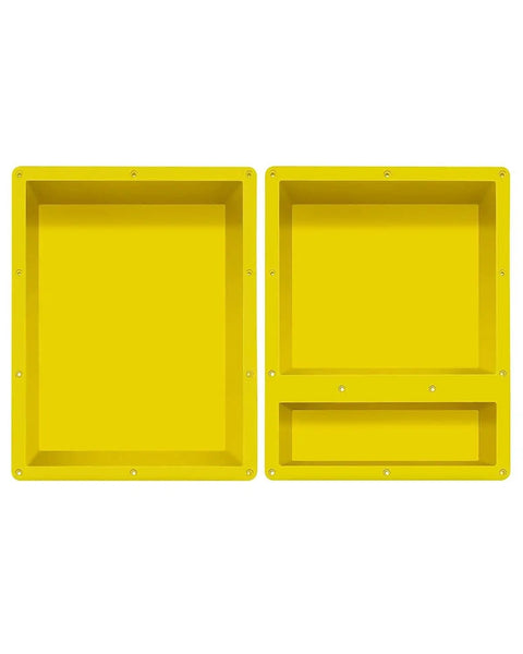 Shower Niche Organizer Set For Tile Ready Bathrooms Durable ABS Recessed Shelf Two Pack With Easy Install And Bonding Friendly Design Ideal For Bathroom Storage No LED in bright yellow, displaying two rectangular shelves for bathroom storage in tile-ready showers.