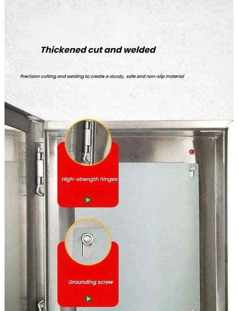 Waterproof Electrical Enclosure 304 Stainless Steel Junction Box Weatherproof Outdoor Cabinet For Industrial And Marine Use Built To Last 1.2mm Thick 60 By 80 By 20 Cm Rugged Ready For Tough Environments, open door view with hinges and grounding screw