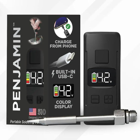 On The Go Pocket Sized Soldering Iron Pen With Built In USB C Cable And Adjustable 1.5V To 4.2V Voltage LED Display in packaging