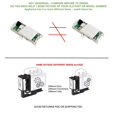 Comparison of different washer sensor switches illustrating differences in size and connectors for Drop-In Direct Replacement Front Load Washer Water Level Sensor Switch WPW10415587 W10415587 For Kenmore Maytag Whirlpool And More Pressure Switch Compatible With 1102647751K 11047791701 11047797800 11047798800.