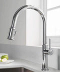 Modern kitchen setting with chrome pull-down faucet and fruit on a plate, Sellette Single-Handle Pull-Down Kitchen Faucet With Deck Plate In Oil Rubbed Bronze, Dual-Function Sprayer With Flexible Hose, Splash-Free Aerated Stream To Powerful Spray, Easy Reach For Everyday Rinsing And Scrubbing, Model KPF-1680ORB