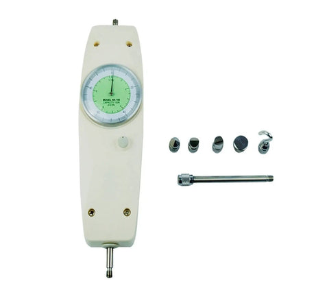 Versatile Portable Tension Pressure Push Pull Force Meter With Analog Gauge For Pull And Push Testing 50N 5Kg Dynamometer NK 100 Force Gauge With Optional Clamps And Central Rod For Easy Set Up And Accurate Readouts In Lab Or Field Testing, front view with clamps and rod