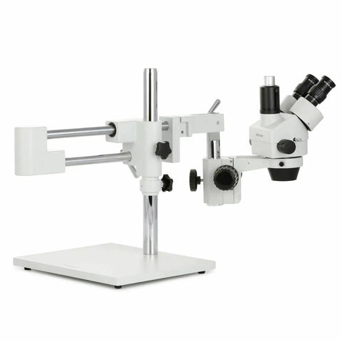 Trinocular Zoom Microscope With 3.5X To 180X Magnification, 144 LED Ring Light, 18MP USB 3.0 Camera, A Real Workhorse Stereo Microscope For Biology, Electronics, QC, And Detailed Inspections. Side view of white stereo microscope on stand