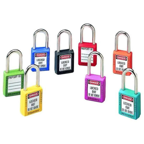 Heavy Duty Lockout Tagout Safety Padlock Green OSHA Compliant Non Conductive Thermoplastic Body multiple colors on display