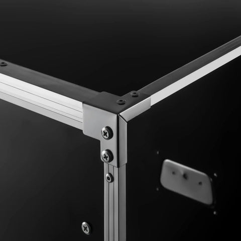 Detail of Heavy Duty 16U AV Rack Cabinet With Locking Swivel Casters, showcasing sturdy aluminum corners and screws.