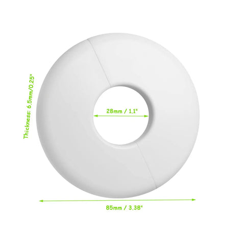 Foolproof Wall Split Flange For One Inch Pipe Cover White Abs Plastic Workhorse Grade Heavy Duty Crack Resistant Pipe Trim Four Pack Wall Hole Shield No Drama Setup, 1 in pipe cover, white ABS, 85mm diameter.