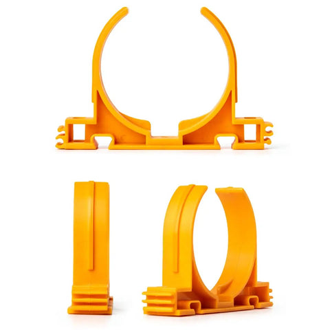 Open Style Dust Collection Pipe And Hose Hangers With Multi Mounting Options For Two And A Half Inch Ducting And Hoses Heavy Duty 4.5 Lb Holding Capacity Five Pack Orange For Wall Mounts In The Shop