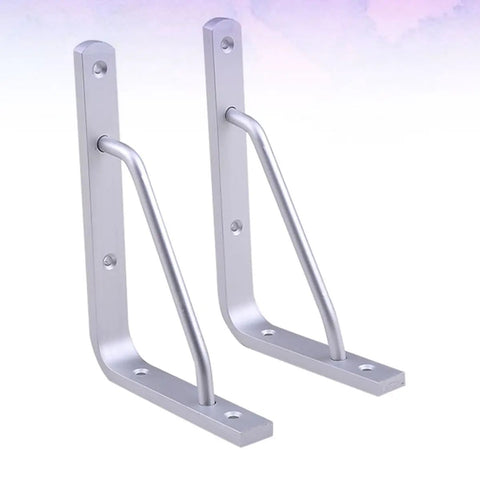 Heavy Duty Aluminum Triangle Shelf Brackets Set Of 2 With Rounded Corner Design For Wall Mounted Shelves And Benches Safe Anti Rust Build To Last Load Bearing Space Saving DIY Ready To Install displayed against pastel background