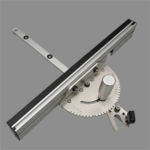 Heavy Duty Aluminum Miter Gauge With Track Stop For Table Saw And Router, detailed view showing sliding fence and adjustments.