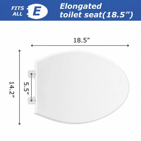 Elongated Toilet Seat Featuring Smooth Slow Close Soft Shut Hinges That Stay Locked Down Tight As A Nail Meanwhile Quieting Those Annoying Lid Slams Crafted From Durable White Plastic For Effortless Oblong Bathroom Updates measuring 18.5 inches.
