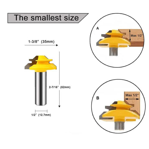 Diagram of a 45 Degree Lock Miter Router Bit Set for Tongue and Groove, One Half Inch Shank, Two and One Quarter Inch Cutting Diameter