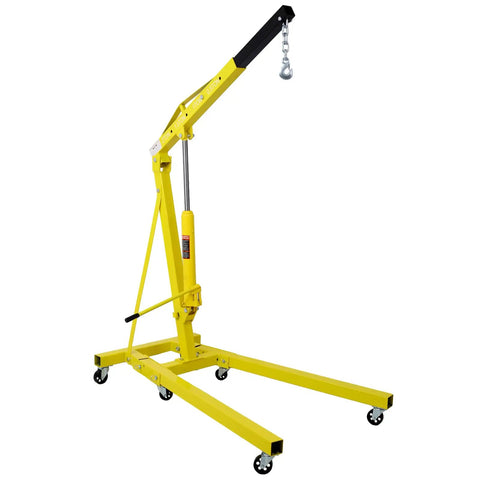 Heavy Duty Folding Engine Hoist With Hydraulic Lift And Six Swivel Wheels Providing Real Serious Muscle For Pulling Blown Engines Out Of Beater Cars Daily with yellow frame and hydraulic arm.