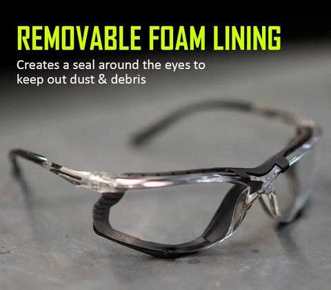 Kickass Foam Lined Safety Glasses Featuring Anti Fog Lens Technology With Tough As Nails Polycarbonate Construction and Legit ANSI Z87 Plus Certified Shielding, showing removable foam lining.