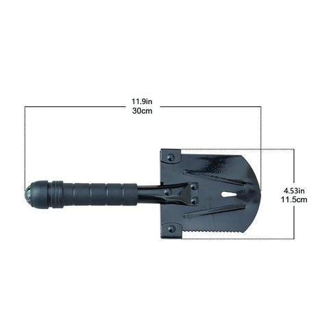Grab-N-Go 12-In-1 Survival Multi-Tool Shovel for Camping, measuring 11.9 x 4.53 inches, with axe, saw, hammer, and compass.