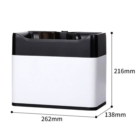 Kick Your Espresso Game Up With This Electric Portafilter Cleaner That Ejects Used Grounds, Includes Built In Knock Box side view with dimensions.