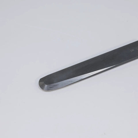 Heavy Duty Nitrided HSS Woodturning Scraper One Inch Wide Negative Rake And Radiused Edge showing steel blade with rounded tip.