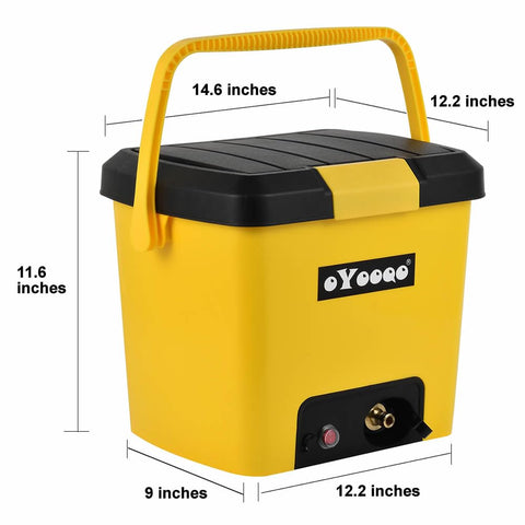 Compact Portable Pressure Washer With 5 Gallon Tank And 255 Psi For Easy Car Washes Pet Bath Home And Patio Cleaning Plus A Camper Friendly 45 Minute Runtime For Off Grid Adventures, yellow unit with handle and measurements