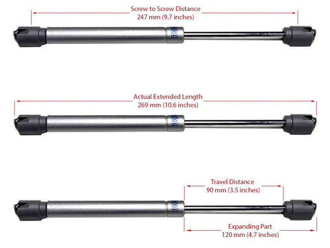 Three silver hydraulic struts showing dimensions, part of Two Pack 10 Inch Hydraulic Soft Open Gas Springs Struts For Cabinets.
