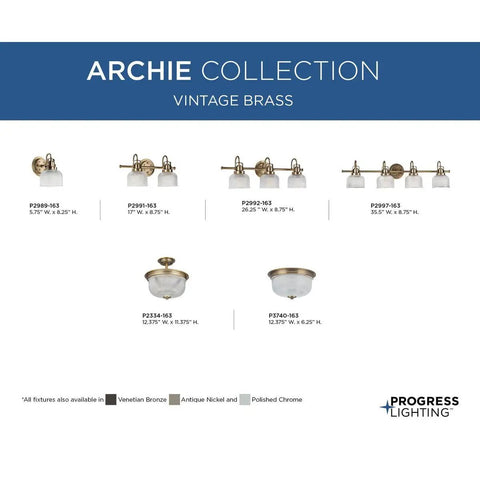 Archie Collection vintage brass lighting fixtures, includes Vintage Brass Two Light Close To Ceiling Flush Mount Fixture for indoor use.