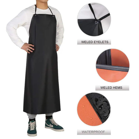 Heavy Duty Black PVC Apron For Kitchen And Workshop Chemical Resistant Waterproof Gear With Extra Long Straps Plus Size, featuring welded eyelets.