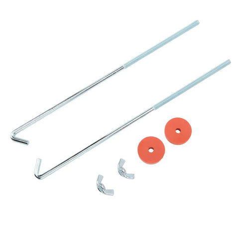 Universal Chrome Battery Hold Down Kit with J Hook Bolts Washers Nuts for Cars Trucks SUVs showing components on white background.
