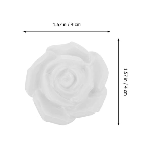 Close-up of White Ceramic Rose Flower Cabinet Pull Handle with dimensions, elegant retro rose knob for cabinets and drawers.