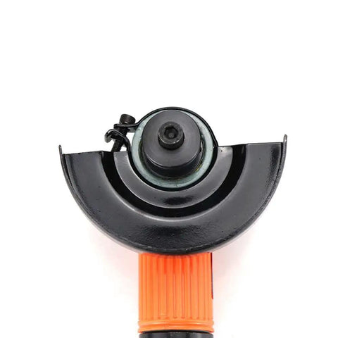 Close-up view of Badass 4 Inch Pneumatic Angle Grinder For Heavy Duty Polishing And Grinding Featuring Front Exhaust Cooling Adjustable Speed Switch And Rugged Metal Spark Guard Cover.