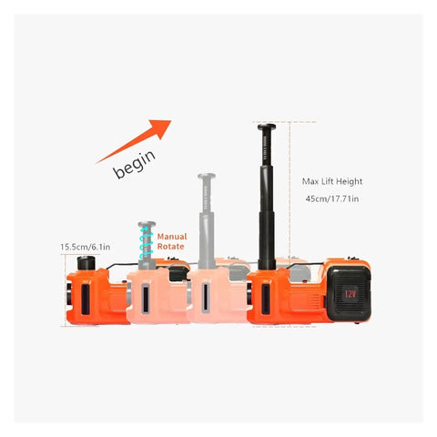 Rock Solid Electric Car Jack Kit Lifting Five Ton Loads With Effortless Twelve Volt Hydraulic Pressure showing max lift height and size details.