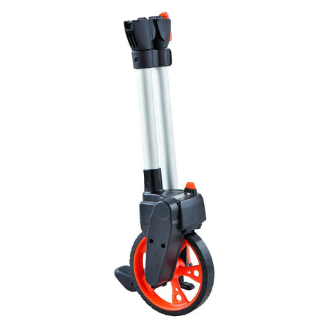 Heavy Duty Measuring Wheel Featuring Slick Reset Knob And Dead Accurate Roll Tracks Long Distances In Feet And Tenths upright position with ergonomic handle