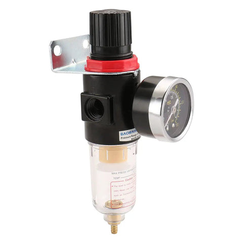 Built Tough Pneumatic Filter Regulator With Reliable Pressure Gauge for clean airflow on compressors, featuring a clear bowl and adjustable knob.