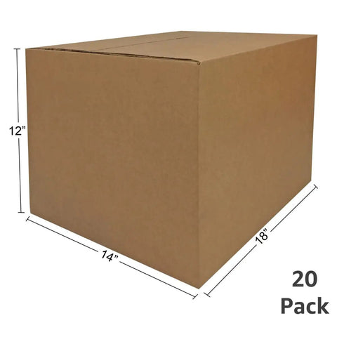 Heavy Duty Medium Moving Boxes 20 Pack Corrugated Cardboard Crates 18X14X12 Inches showing dimensions of 12, 14, and 18 inches.
