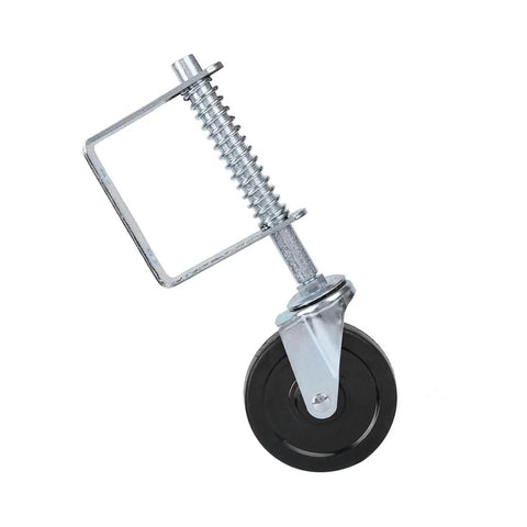 Heavy Duty 4 Inch Rubber Gate Roller With Spring Loaded Swivel For Hassle Free Fence Gate Operation Automatic Anti Sag Adjustment Built Tough To Keep Your Fence Rolling Smooth Universal Mounting, black rubber wheel.