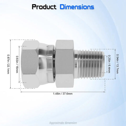Hydraulic Swivel Adapter One Quarter Inch NPTF Male To Three Eighths Inch NPSM Female With 360 Degree Swivel For Tight Spaces Flexible Alignment Quick Connect Hydraulic Fitting, dimensions