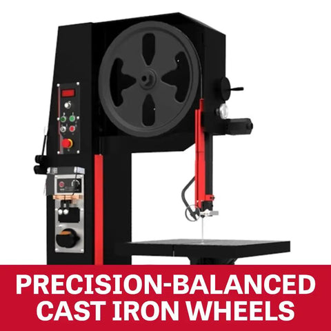 Side view of 26-Inch EVS Vertical Bandsaw with 3 HP, 230/460V 3-Phase, built tough heavy-duty enclosed steel frame and control panel.
