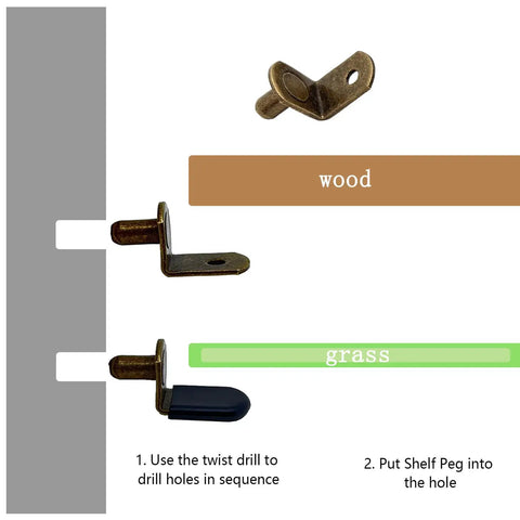 Rock Solid 50 Pack Shelf Support Pegs Nickel Plated Stainless Steel Cabinet Pins Bronze Tone installation instructions with shelf pegs.