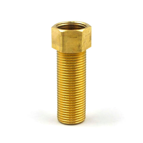 Brass 1/2-inch male-to-female pipe nipple adapter; front view with hex head and threaded body