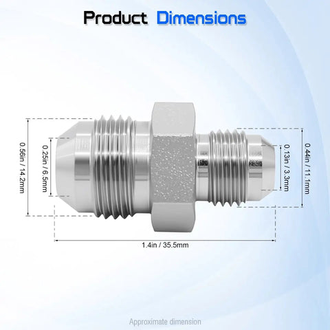 Straight Hydraulic Hose Connector Three Eighths Inch JIC Male To One Quarter Inch JIC Male 37 Degree Flare Adapter For Leak Free Hydraulic Lines And Quick Leak Proof Connections In O Ring Boss Systems, silver steel dimensions