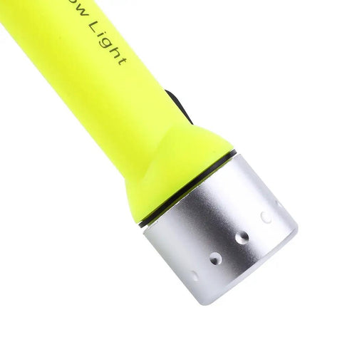 Close-up of 180 LED Diving Flashlight Underwater Torch in Fluorescent Green, aluminum body, nylon strap visible