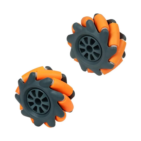 65mm mecanum wheel for RC and robotics in orange and black, showcasing high-hardness plastic design, ideal for omnidirectional movement.