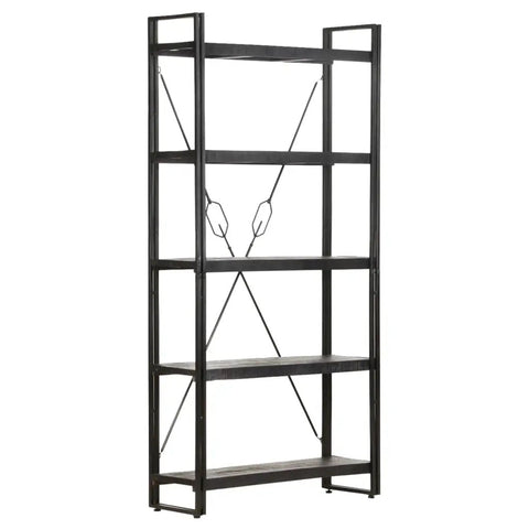 Industrial Five Tier Bookcase With Solid Mango Wood Shelves And Black Powder Coated Steel Frame Seventy Point Nine Inches Tall Durable