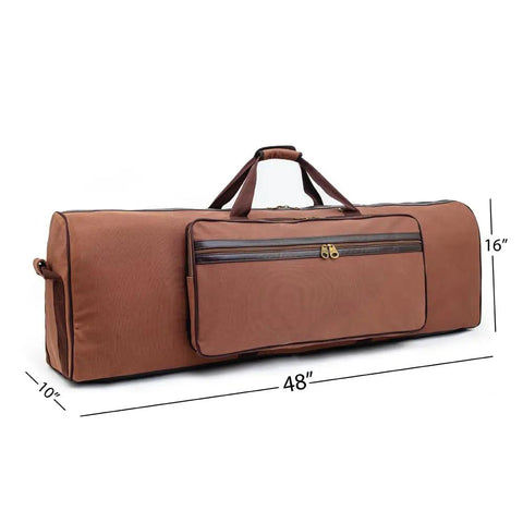 Built To Rock 48 Inch Drum Hardware Battle Bag Vintage Water Resistant Duffle side view with measurements, dark brown heavy duty canvas.
