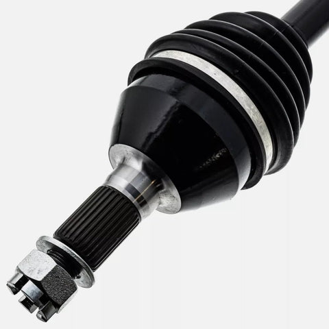 Upgrade Your Ride With This Badass Drive Axle Shaft Assembly Built Tough For Maverick X3 R XRR XRS XMR XRC Super Turbo Side Bys Replacement 705502362 Fits 72 Inch Tracks close-up of front drive axle shaft with boot and metal hardware.