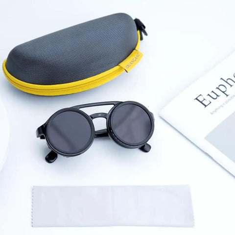 Badass Adjustable Tint Polarized Sunglasses With Detachable Leather Side Shields For Men Anti Glare Wraparound Eyewear, black frame with case and cleaning cloth.