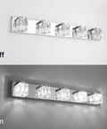 Five Light LED Modern Bathroom Vanity Fixture With Crystal Glass And Stainless Steel Over Mirror, off and on views