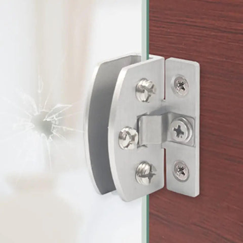 No Drill Glass Door Hinge Clip For Cabinets And Display Cases Zinc Alloy Hardware Self Clamping U Design installed on glass and wood