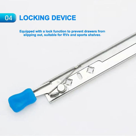 Close-up of locking mechanism on 1 Pair 56 Inch Beefy Heavy Duty Drawer Slides With Lock Full Extension Side Mount Ball Bearing Rails 250 Lb Load Capacity Easy Install And Quick Release Button Ideal For Cabinets And Furniture.